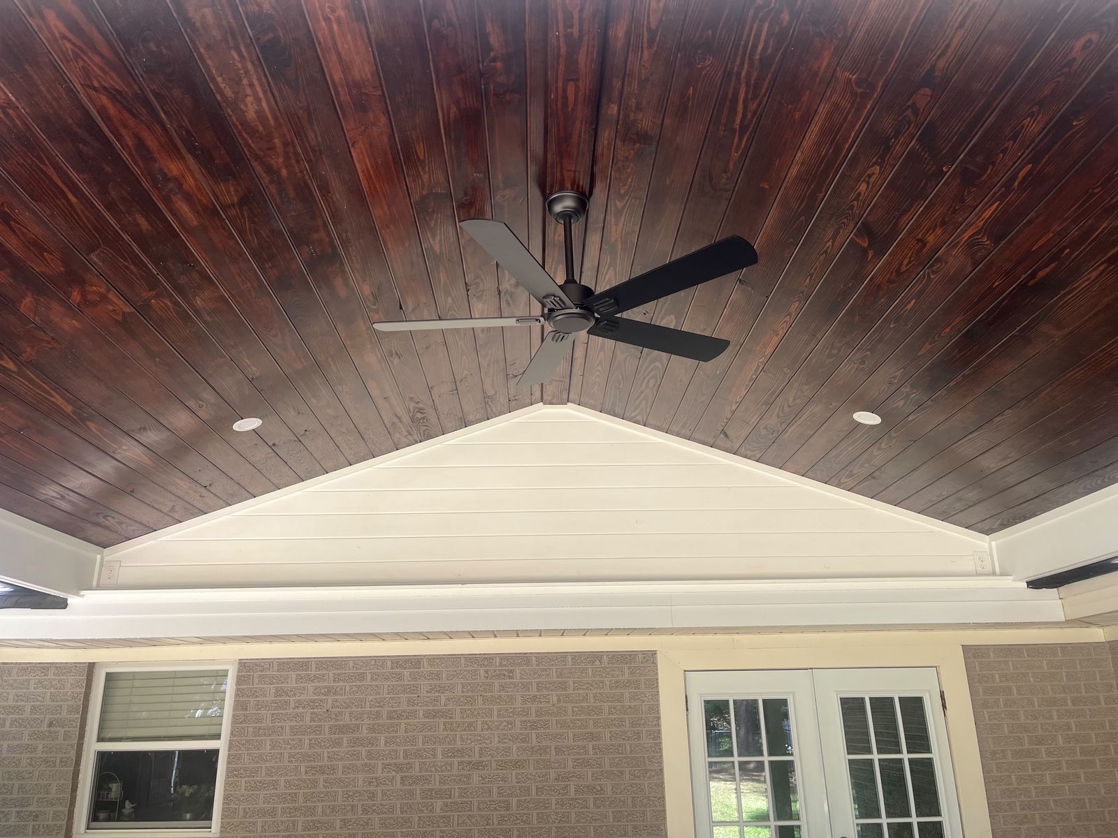 Stained tongue-and-groove patio ceiling