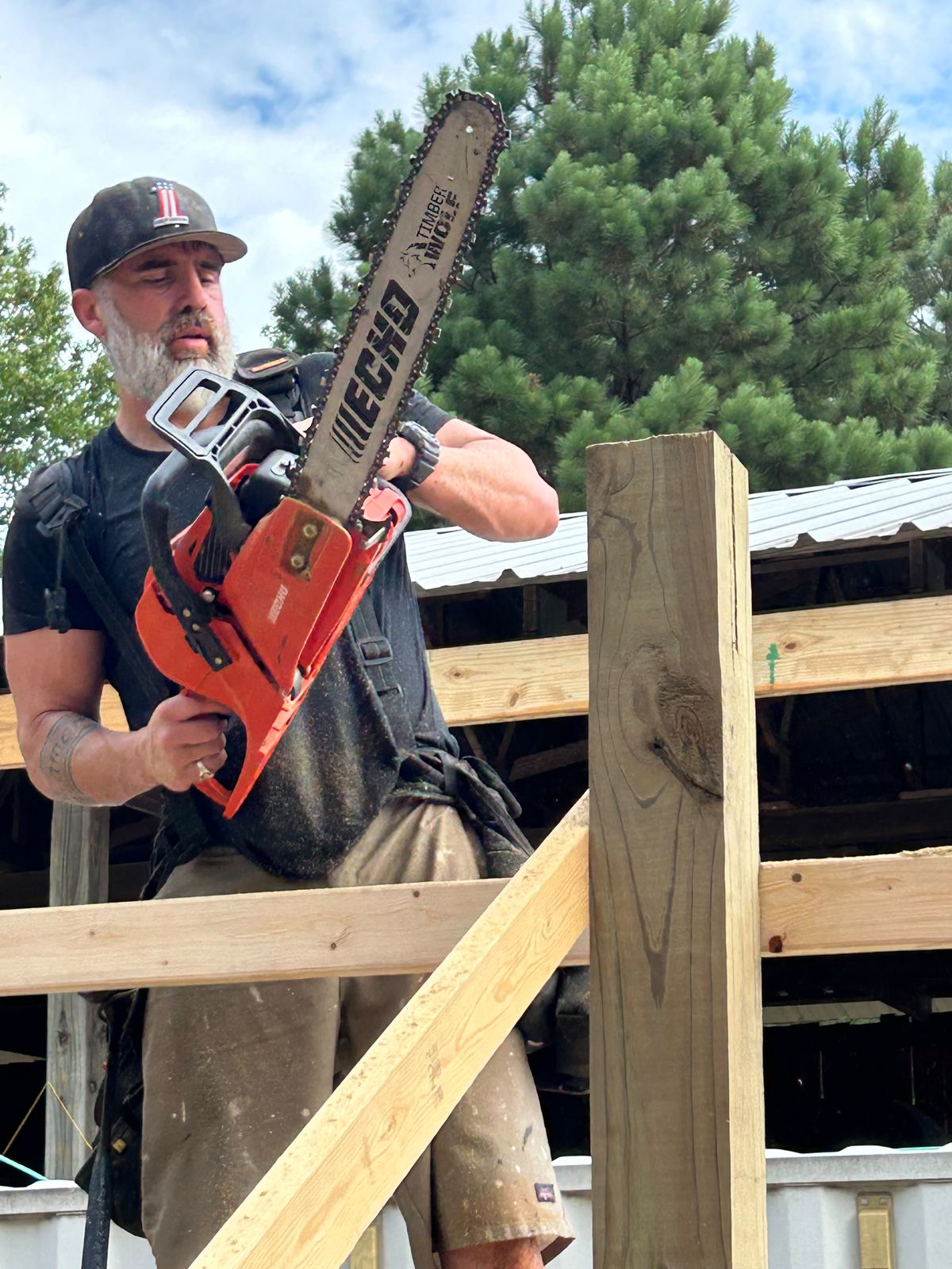 Trimming a post with the chainsaw