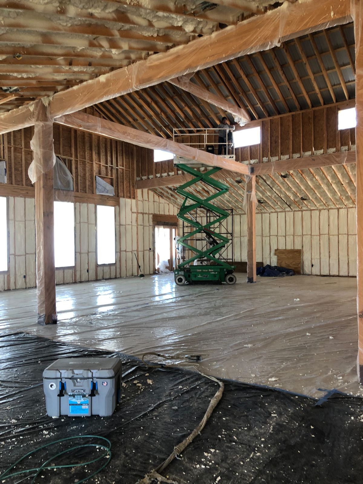 Timber-frame interior under construction