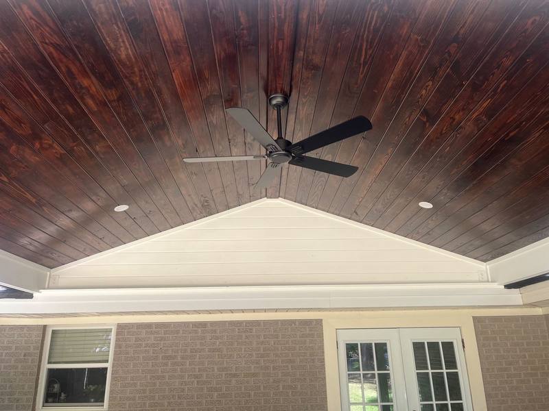 Stained tongue-and-groove patio ceiling