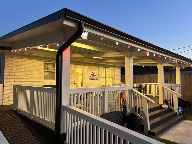 Enochs Cafe porch with string lights
